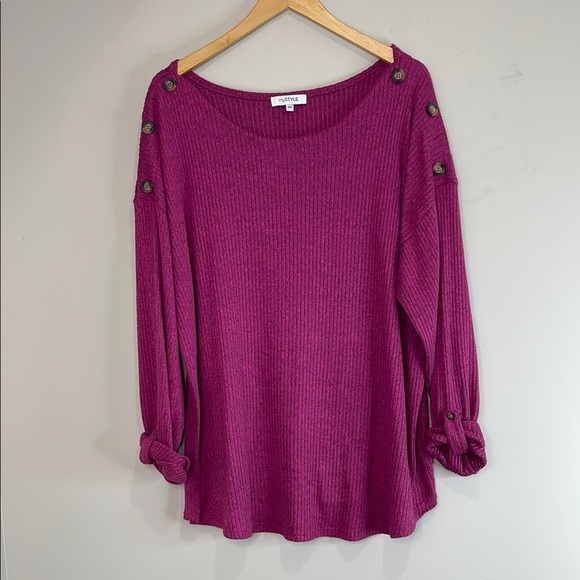 My Style Grape Purple BoatNeck Top Ribbed Button Shoulder Tab Sleeves Plus 2X - Picture 2 of 12